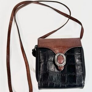 Vintage Brighton Black/Tan Croc Embossed Leather Buckle Wallet Crossbody Bag